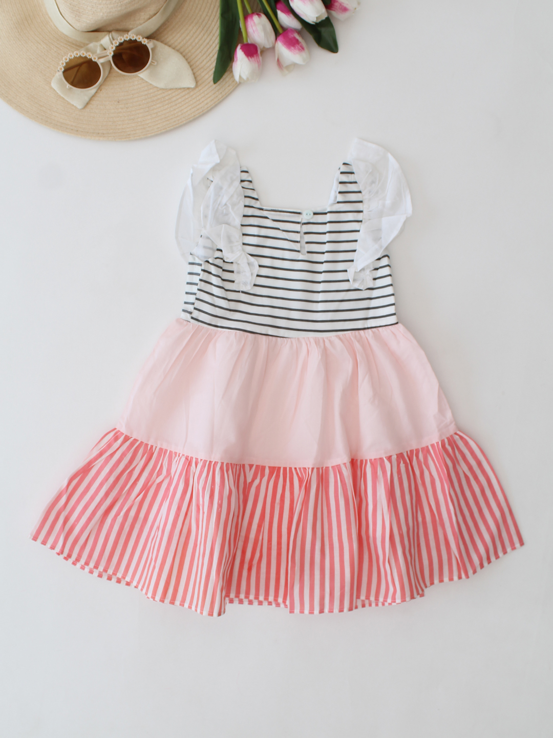 Qvink Flutter Sleeves Striped Dress  Multicolor