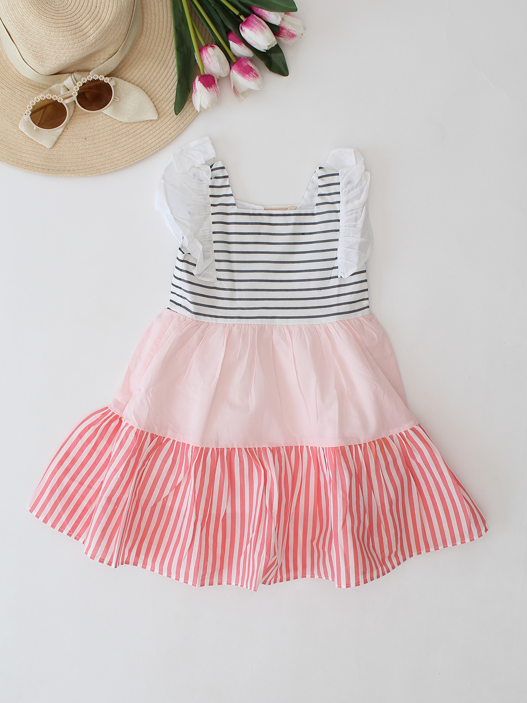 Qvink Flutter Sleeves Striped Dress - Multicolor
