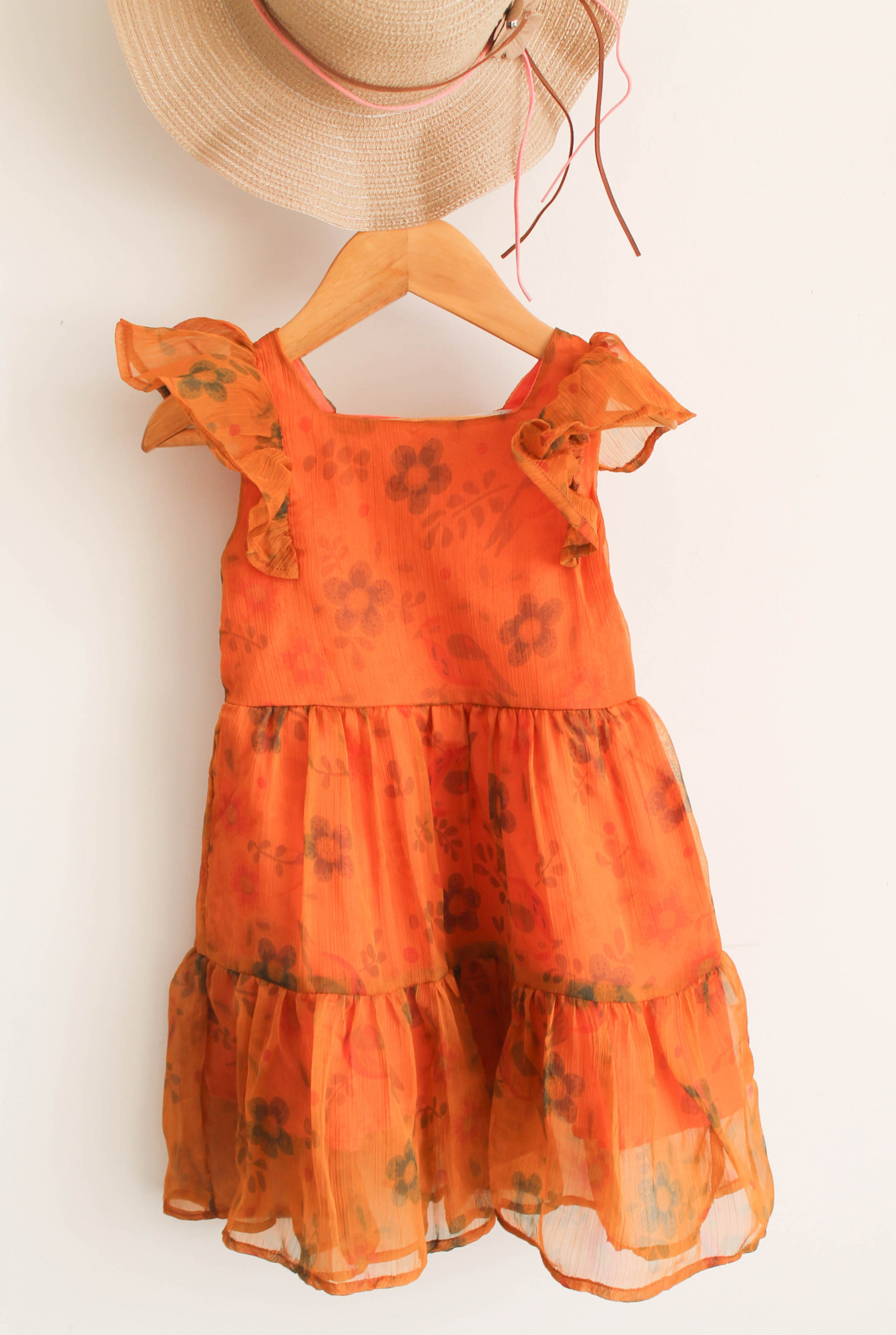 Qvink Organza Floral Printed Dress  Orange