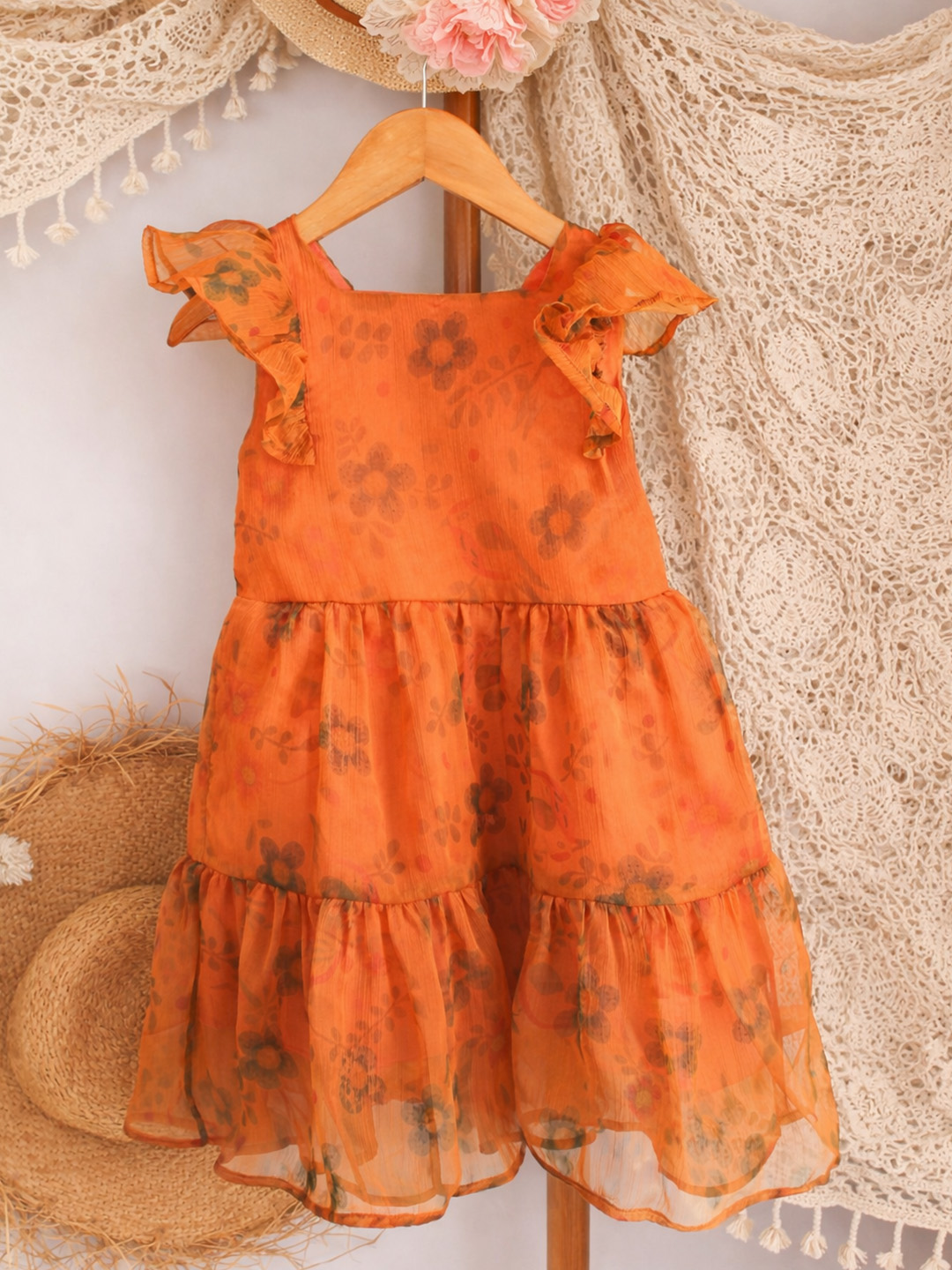 Qvink Organza Floral Printed Dress - Orange
