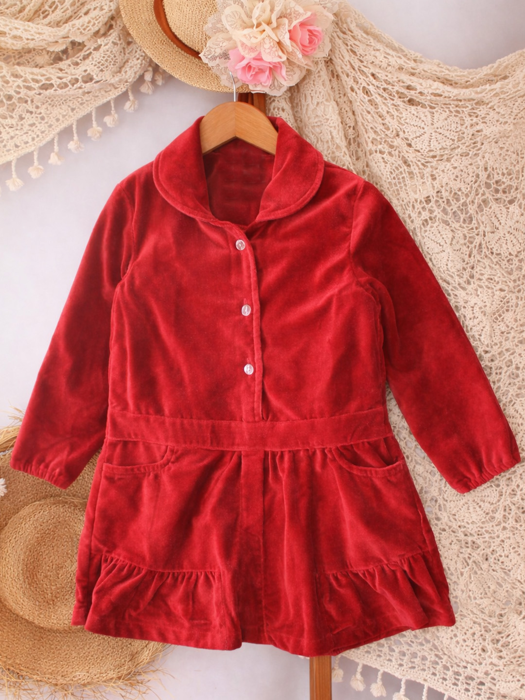 Qvink Corduroy Pocket Detailed Shirt Collar Dress - Red