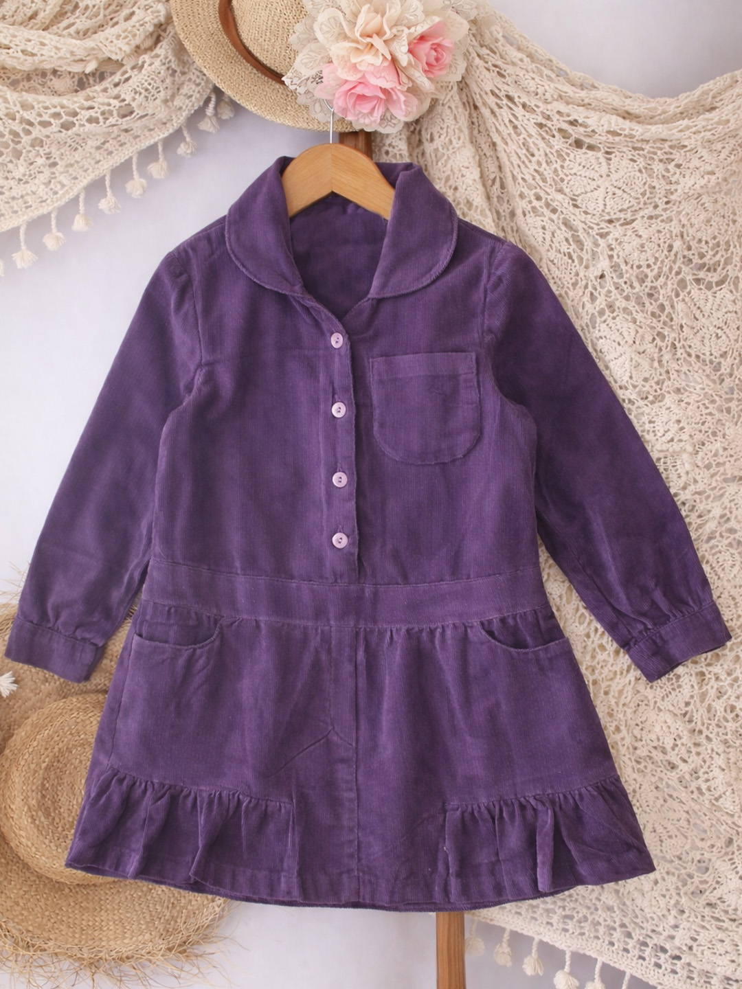 Qvink Corduroy Pocket Detailed Shirt Collar Dress - Purple