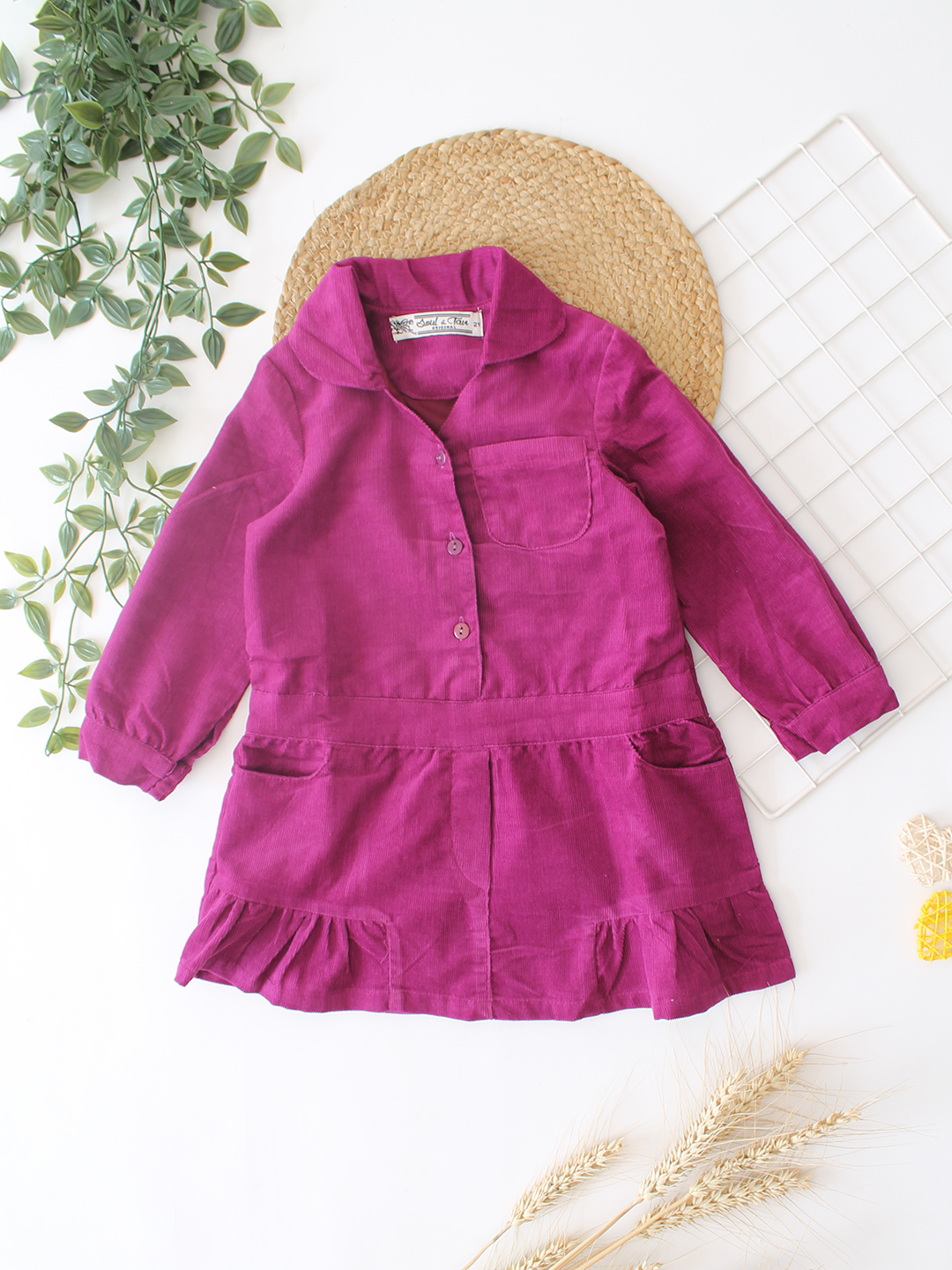 Qvink Corduroy Pocket Detailed Shirt Collar Dress - Magenta