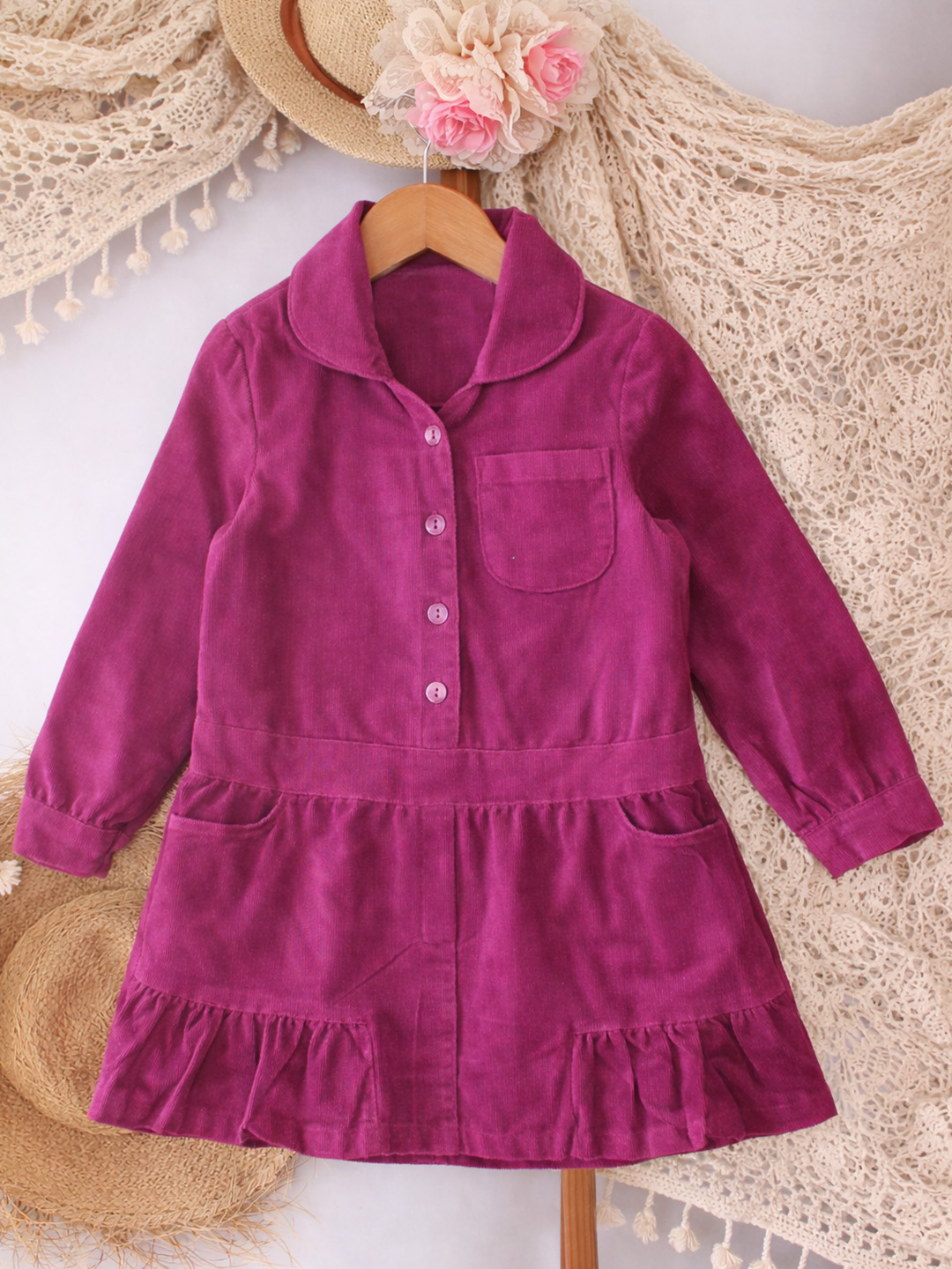 Qvink Corduroy Pocket Detailed Shirt Collar Dress - Magenta