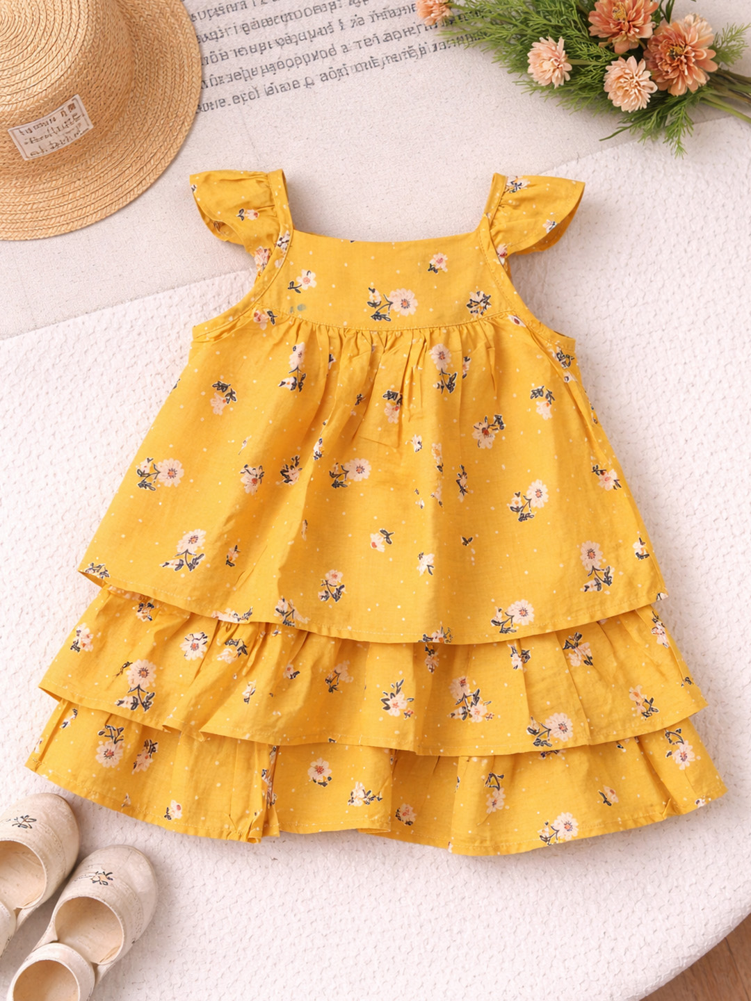 Qvink Floral Printed and Polka Dot Casual Dress - Yellow
