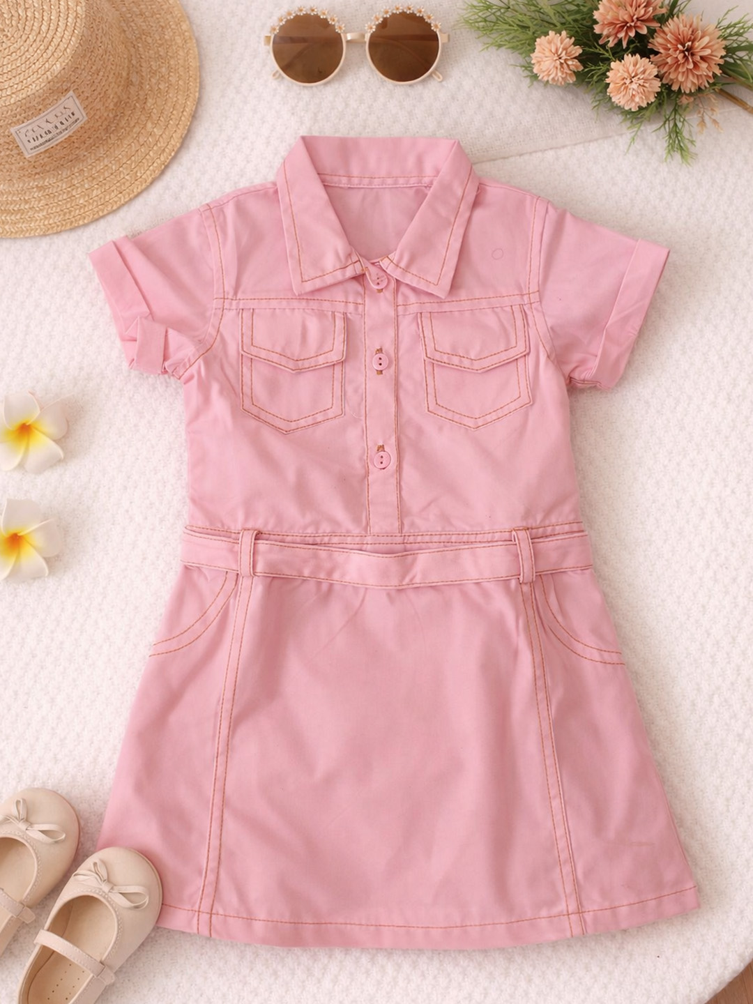 Qvink Pocket Detailed Shirt Collar Casual Dress  Pink