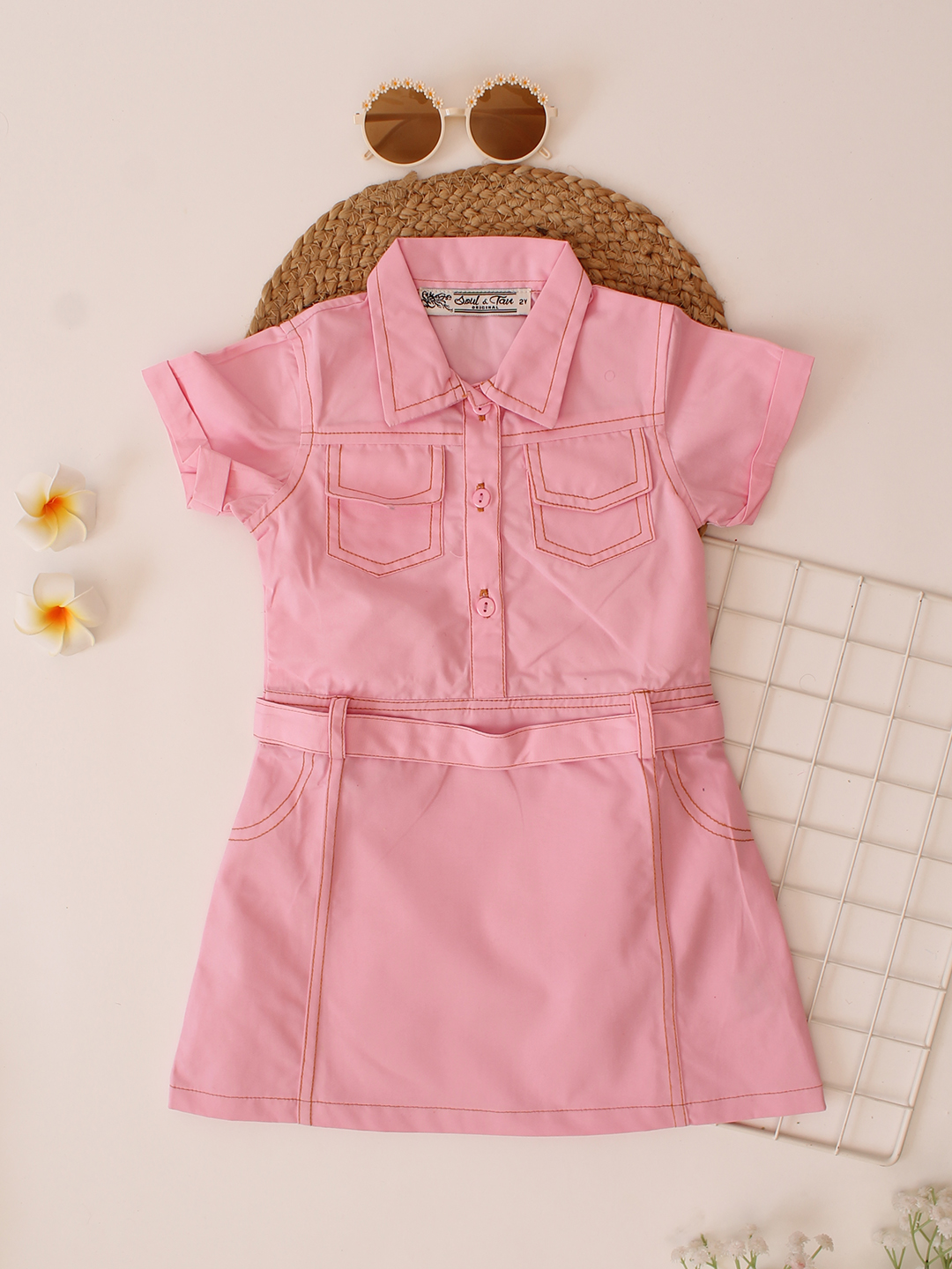 Qvink Pocket Detailed Shirt Collar Casual Dress  Pink