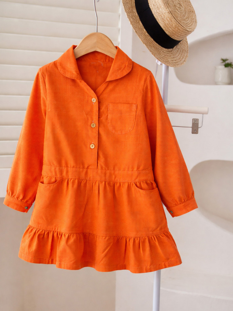 Image of Qvink Corduroy Pocket Detailed Shirt Collar Dress - Orange