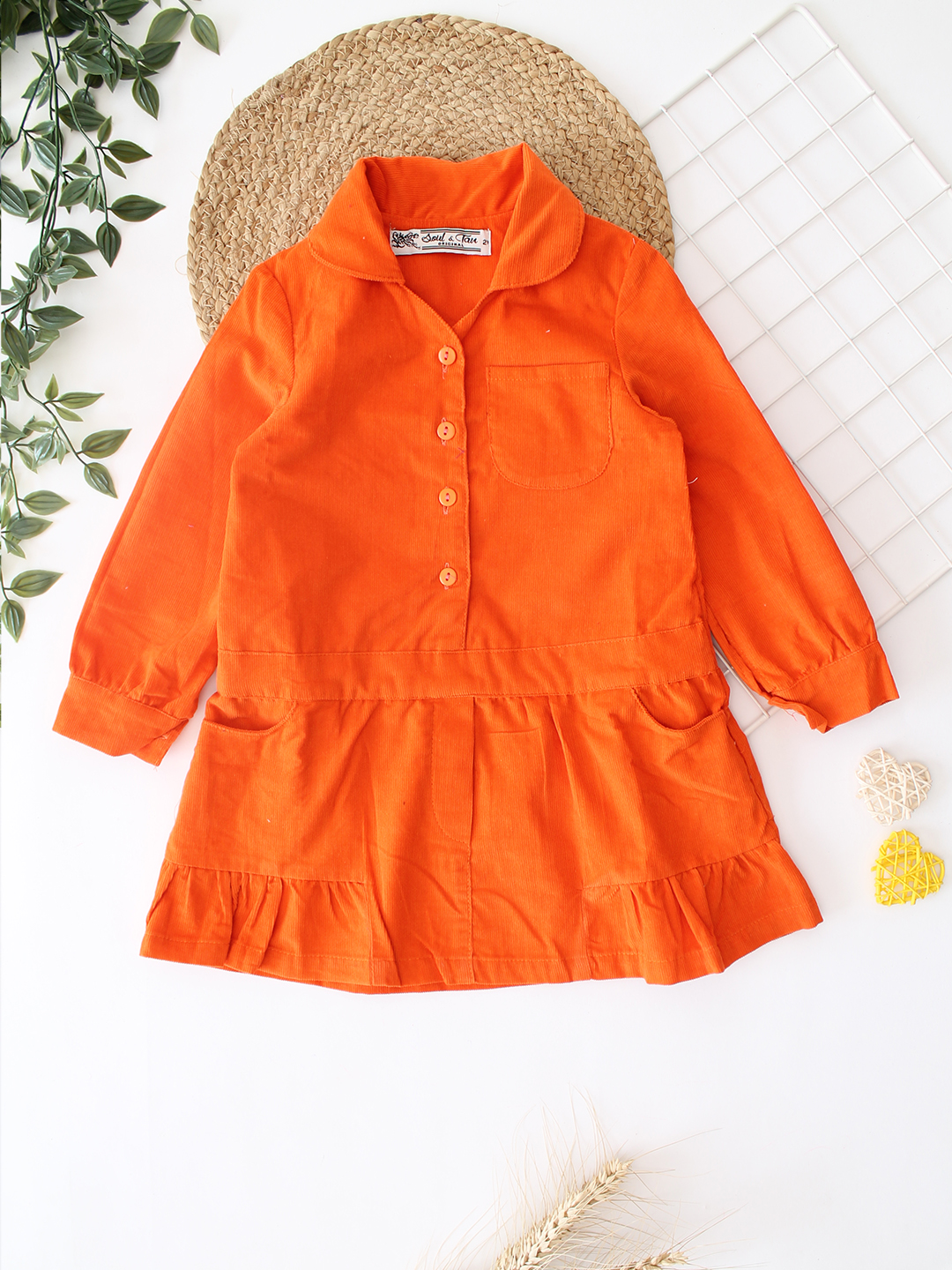 Qvink Corduroy Pocket Detailed Shirt Collar Dress - Orange