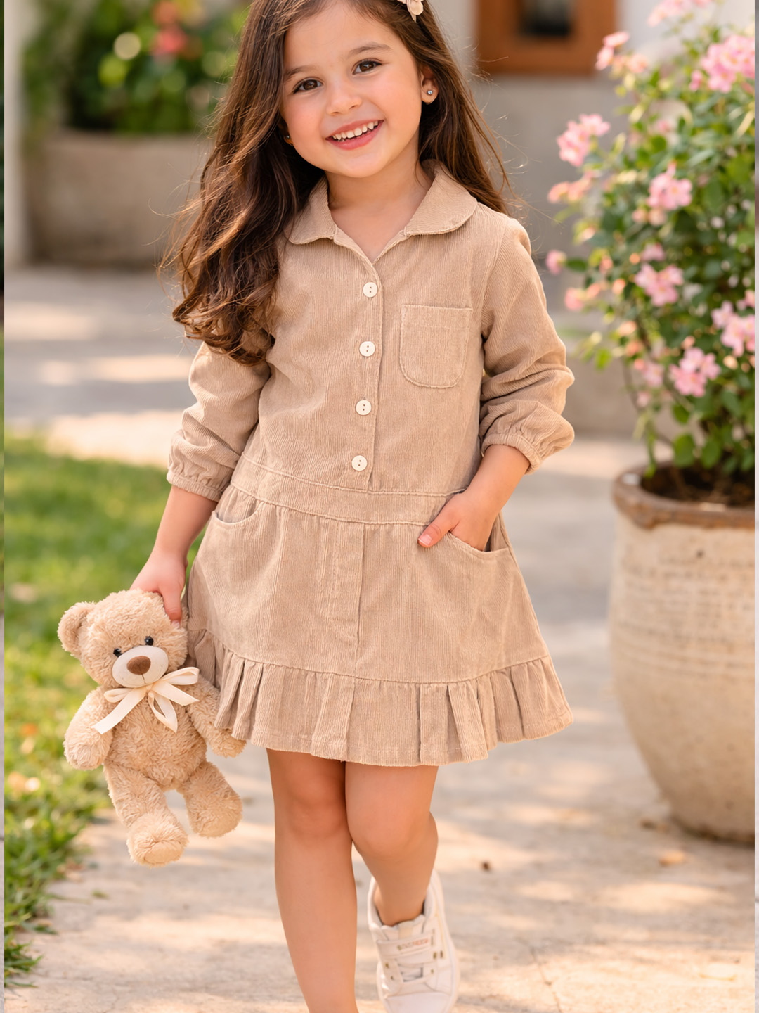 Qvink Corduroy Pocket Detailed Shirt Collar Dress  Beige