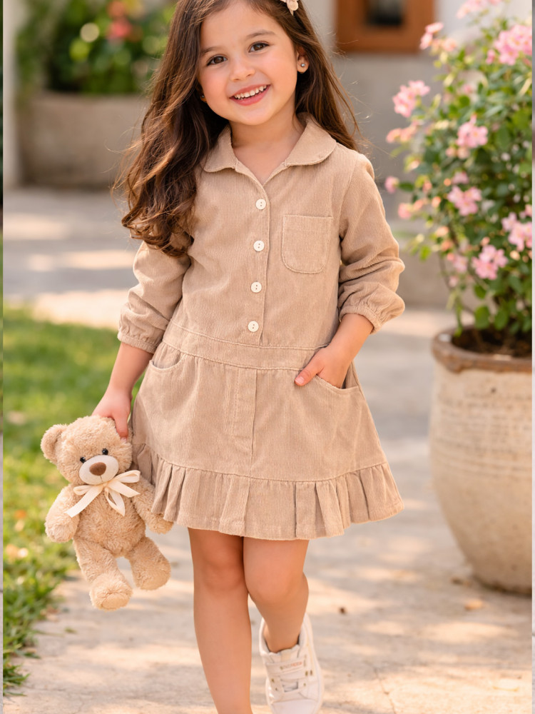 Image of Qvink Corduroy Pocket Detailed Shirt Collar Dress - Beige