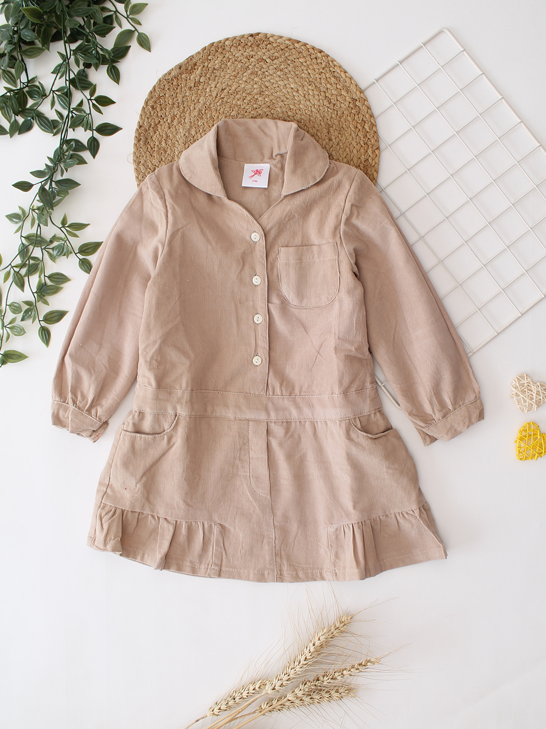 Qvink Corduroy Pocket Detailed Shirt Collar Dress  Beige