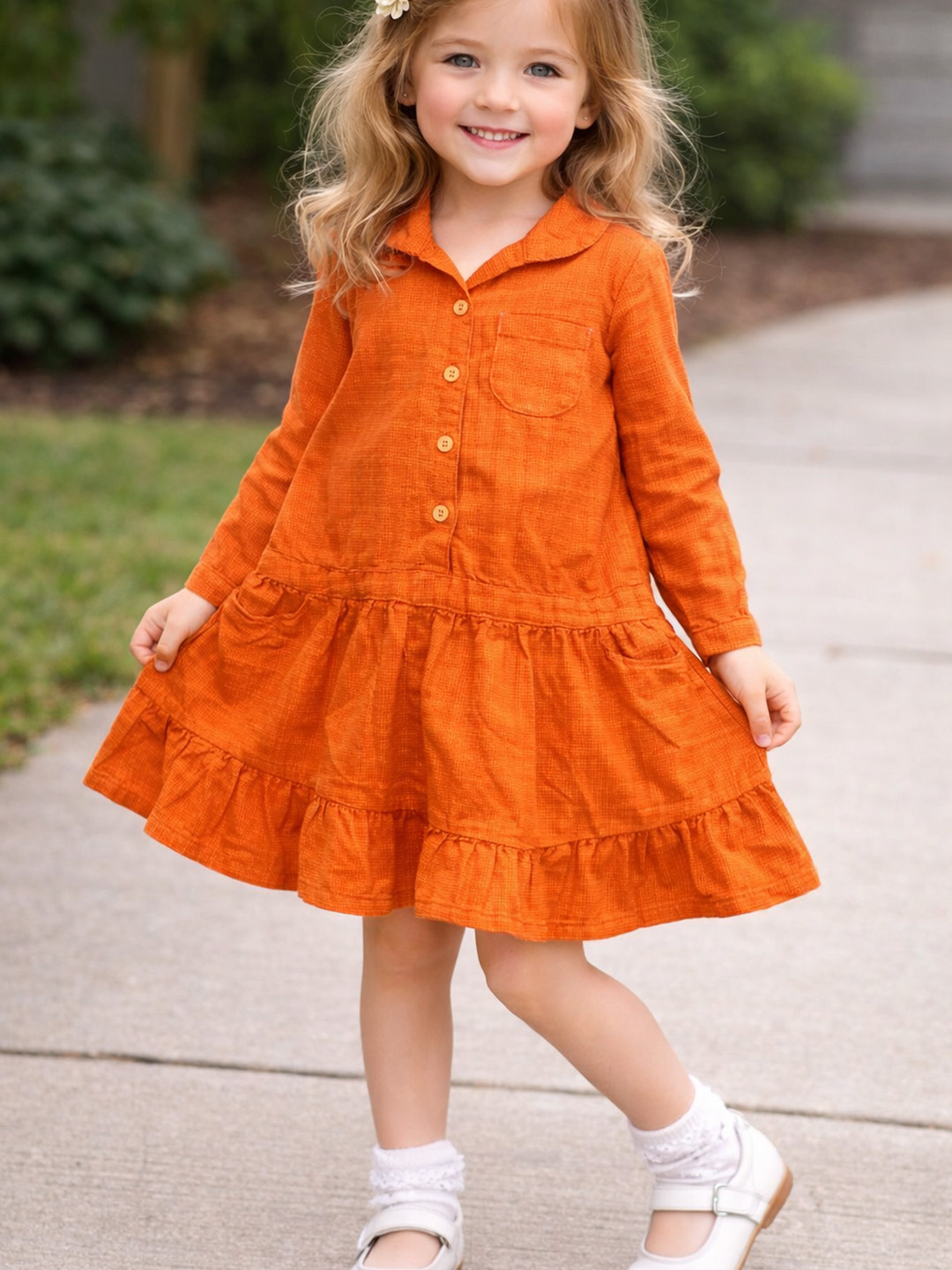 Qvink Pocket Detailed Shirt Collar Dress  Orange