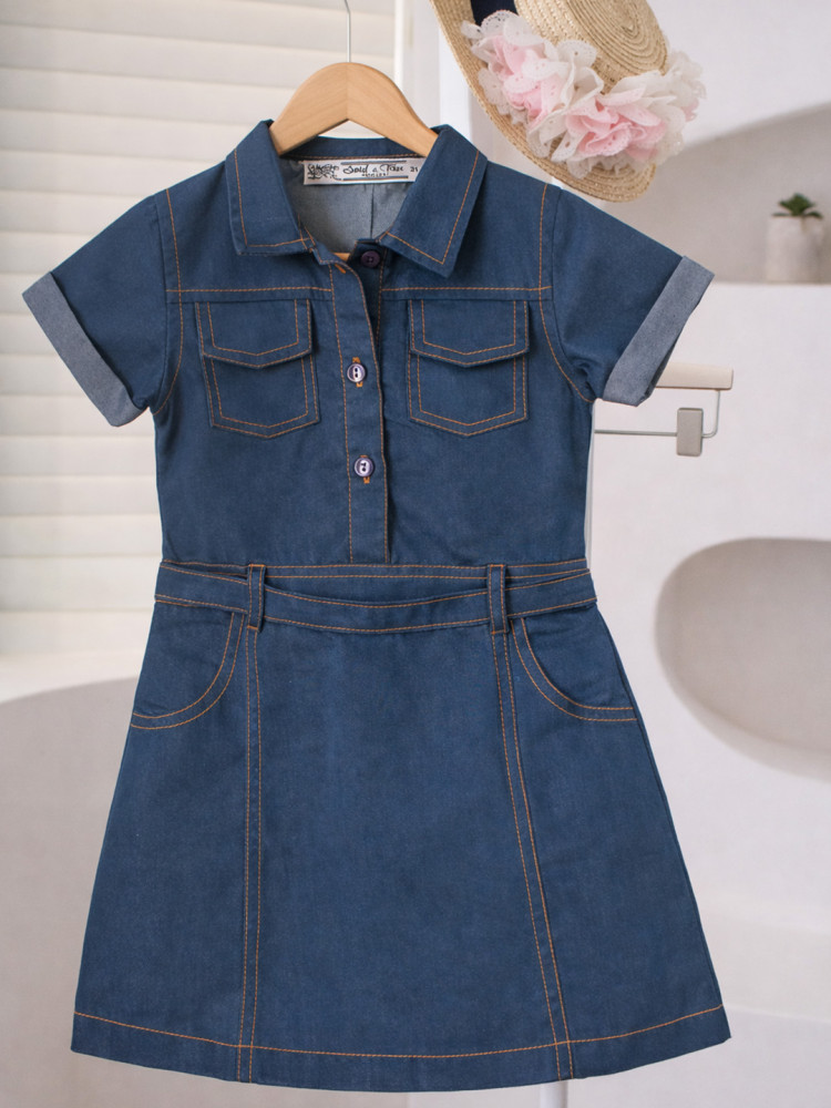 Image of Qvink Pocket Detailed Shirt Collar Casual Dress - Blue