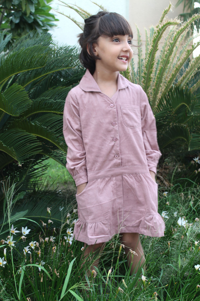 Image of Qvink Corduroy Pocket Detailed Shirt Collar Dress - Pink