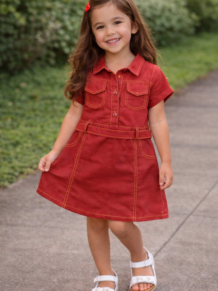 Image of Qvink Pocket Detailed Shirt Collar Dress - Maroon