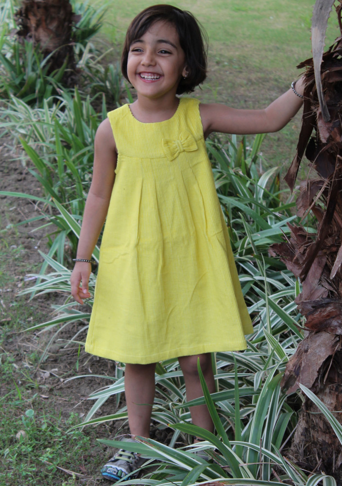 Image of Qvink Corduroy Bow Detailed Dress - Yellow