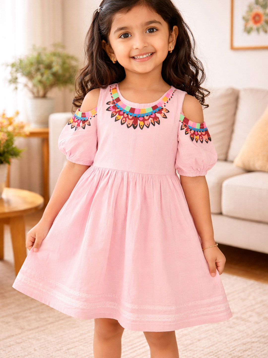Qvink Cold-Shoulder Embroidered Casual Dress - Peach