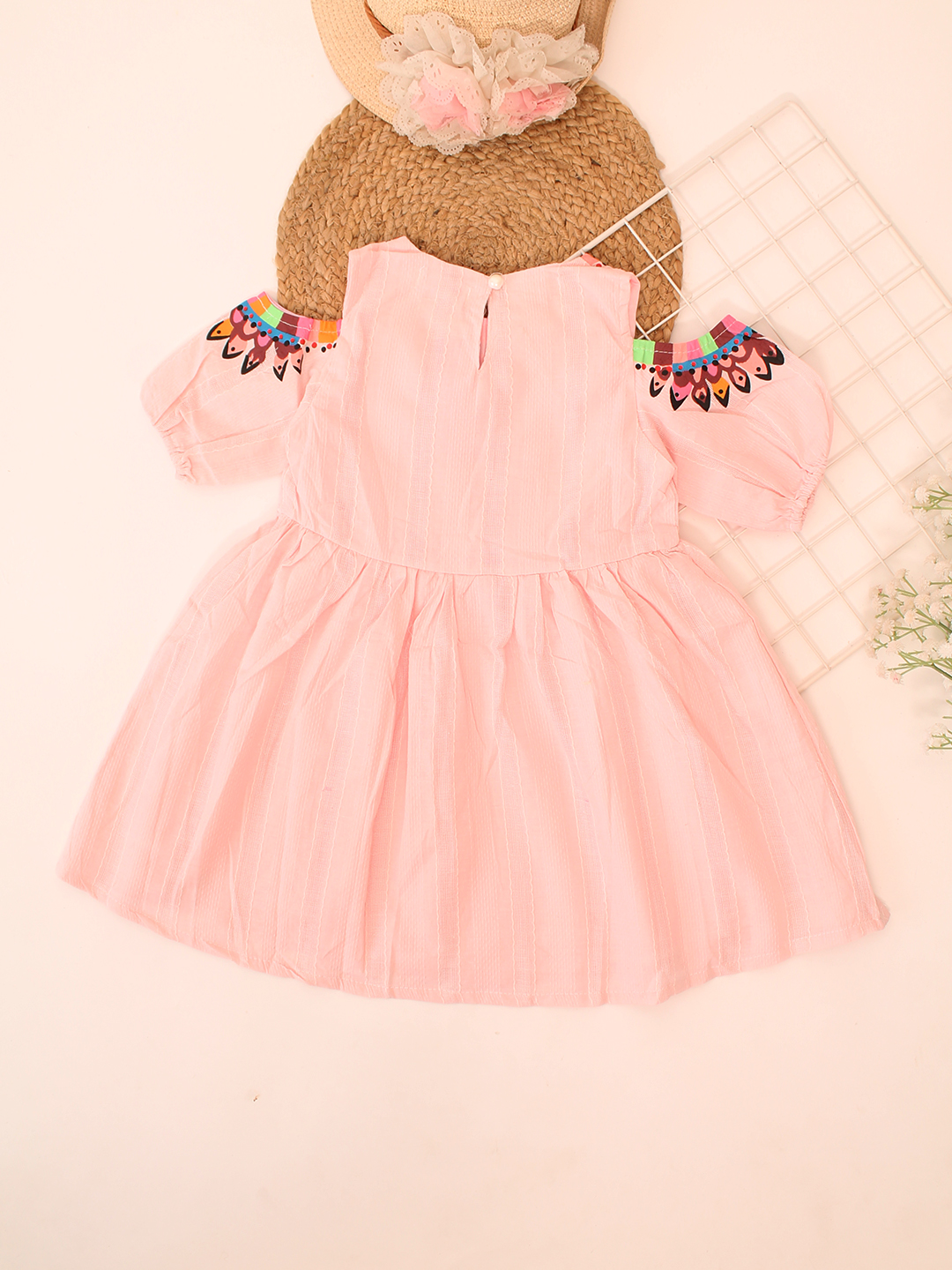 Qvink ColdShoulder Embroidered Casual Dress  Peach