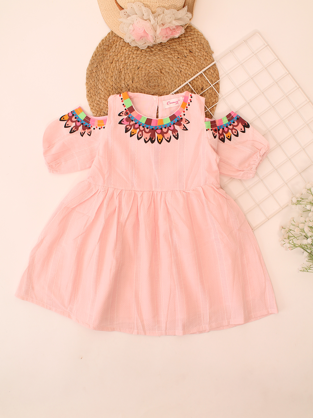 Qvink ColdShoulder Embroidered Casual Dress  Peach