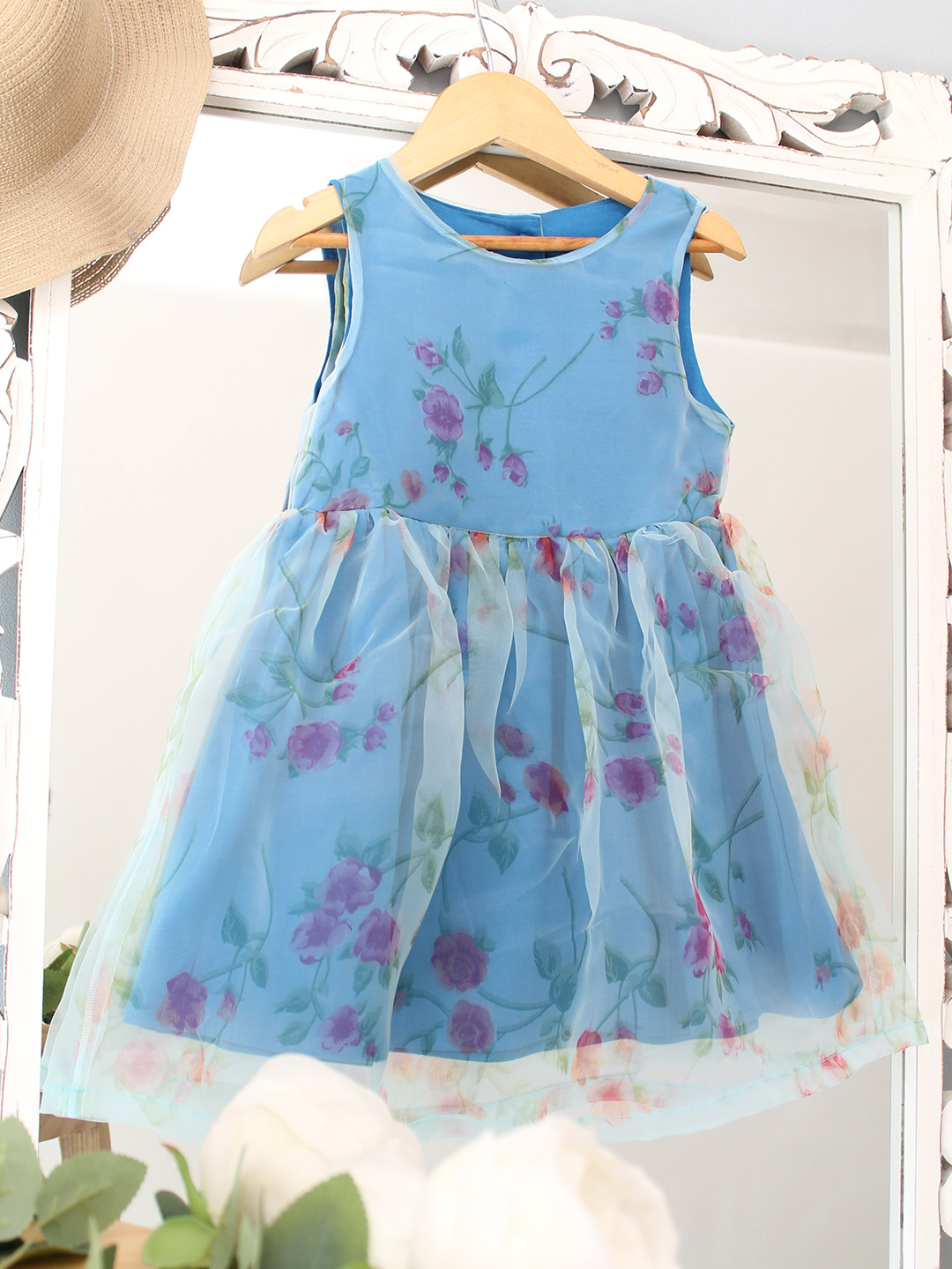 Qvink Organza Floral Printed  Dress  Blue