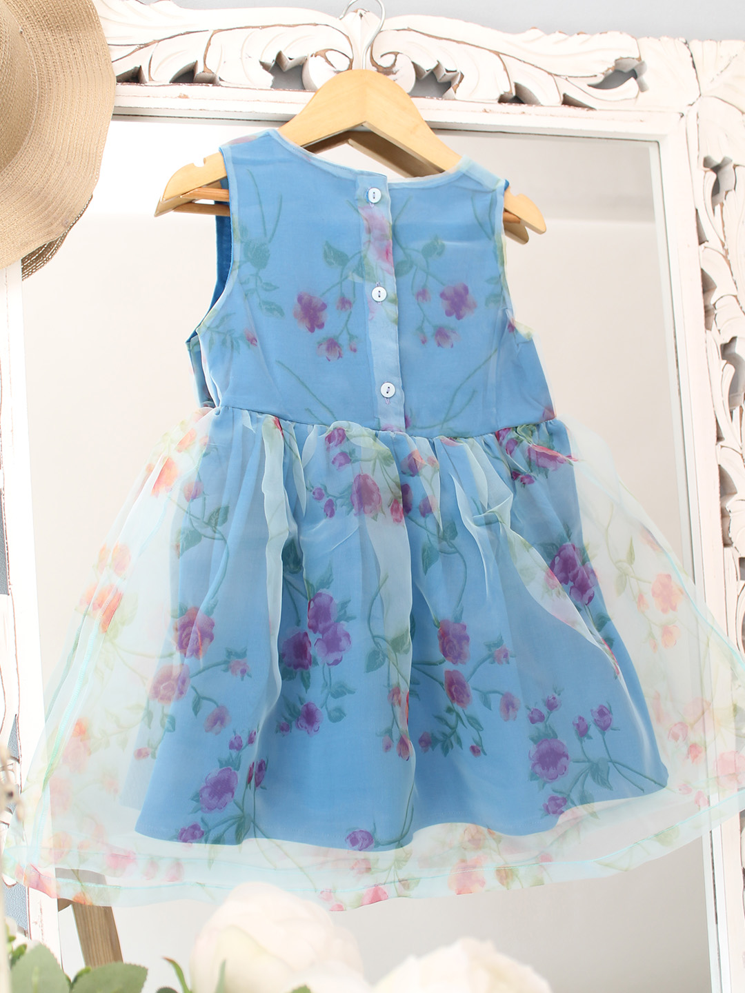 Qvink Organza Floral Printed  Dress  Blue