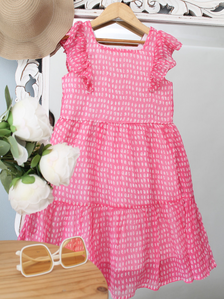 Image of Qvink Flutter Sleeves Printed Dress - Pink