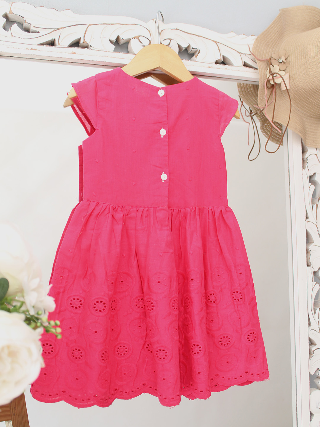 Qvink Cap Sleeves Schiffli Dress  Magenta