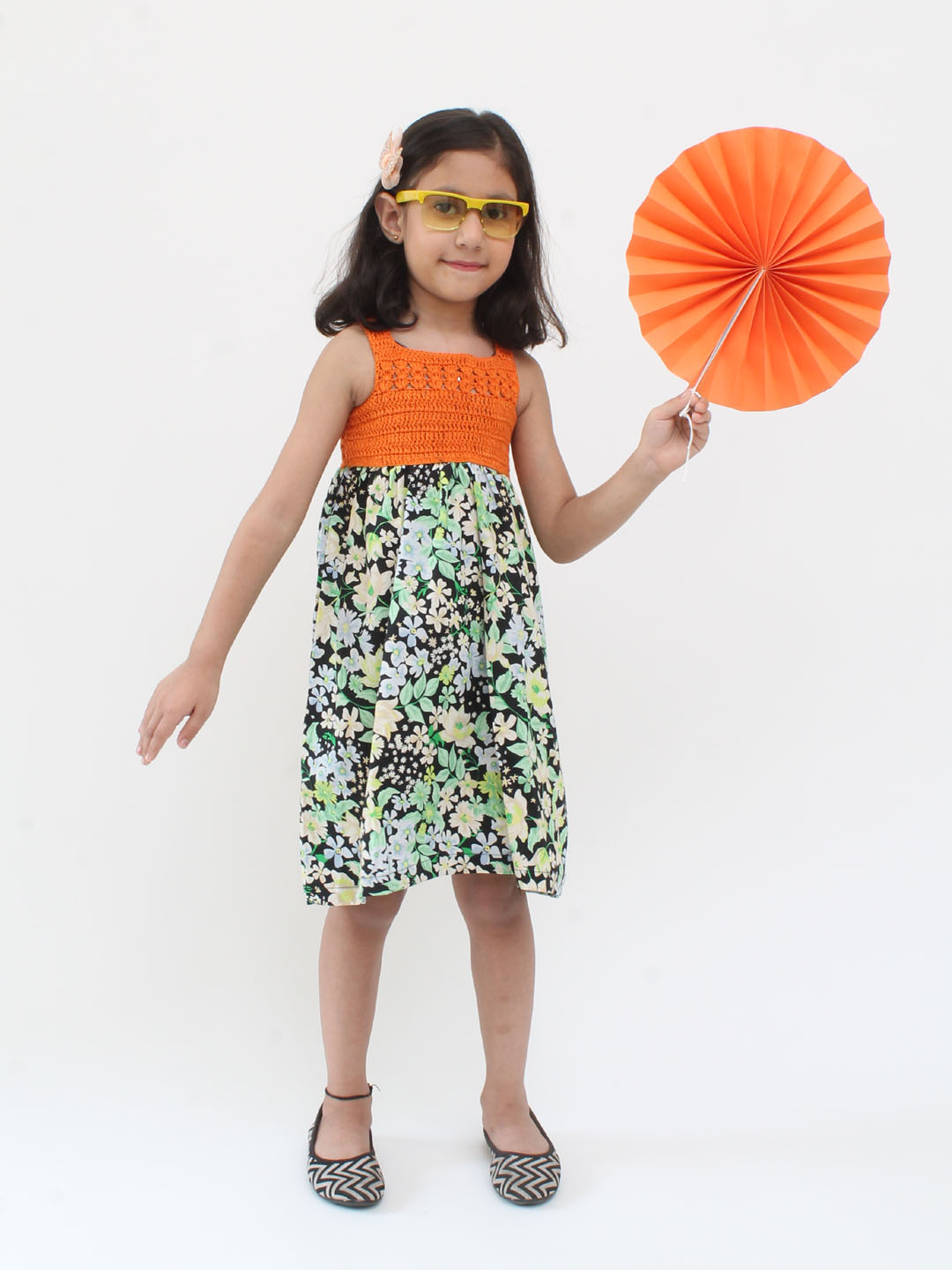 Qvink Sleeveles Crochet Yoke All Over Floral Printed Fit & Flare Dress - Orange