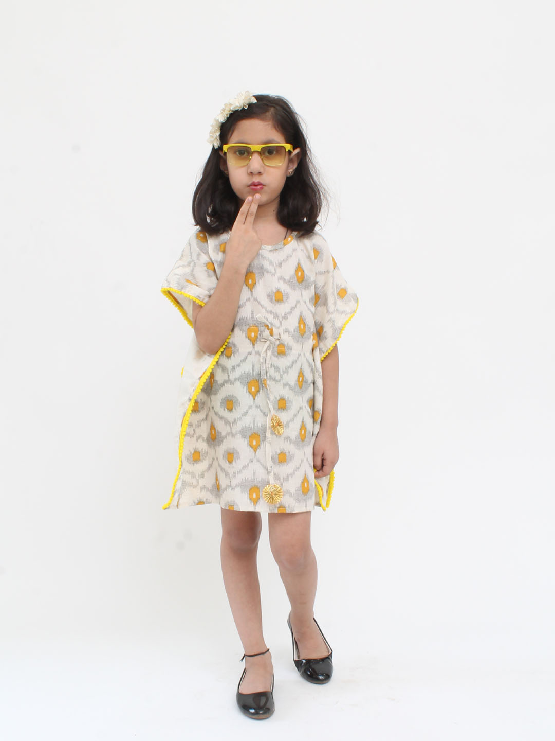 Qvink Half Sleeves Printed Kaftan Dress- Cream