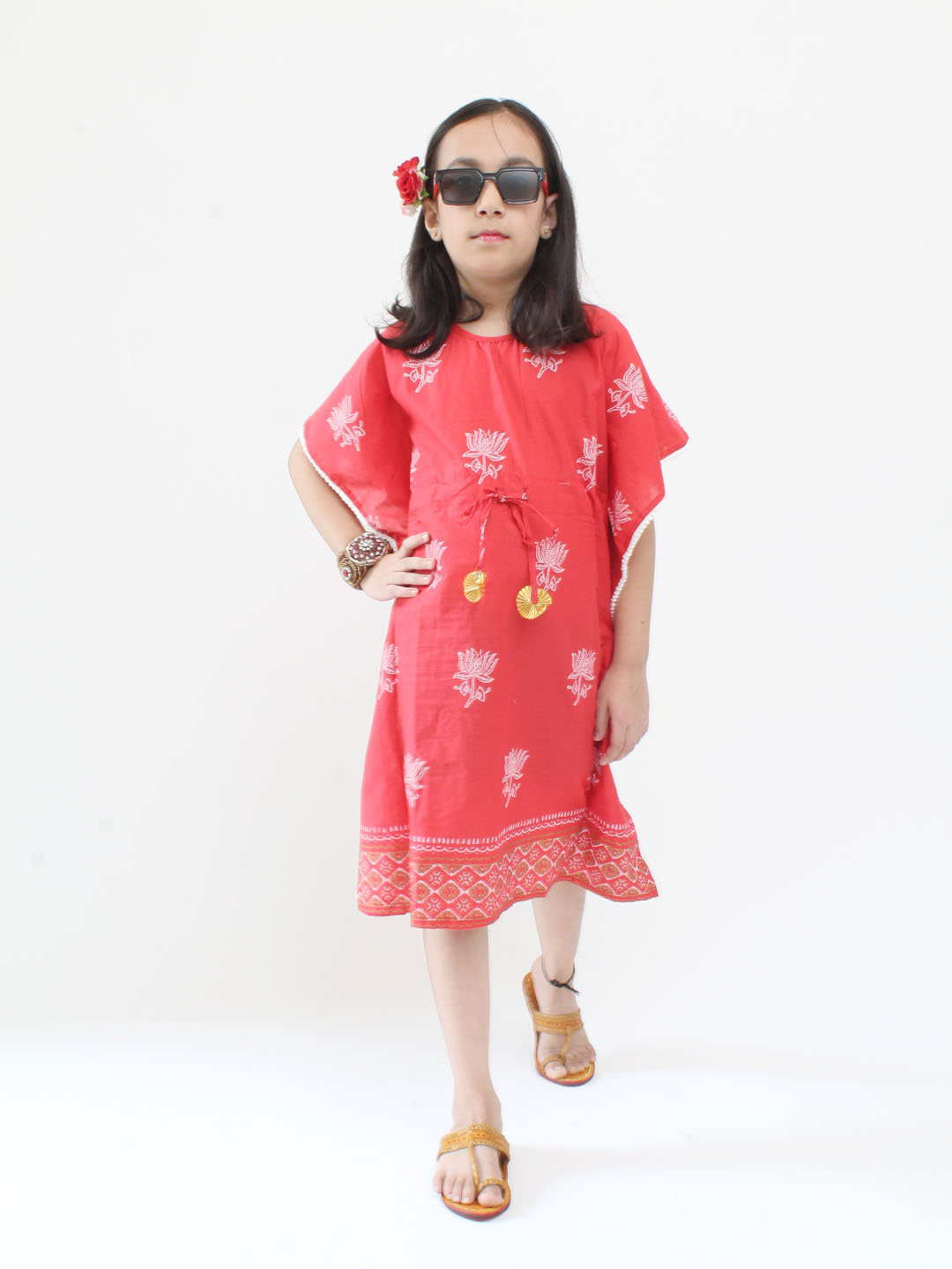 Qvink Half Sleeves Floral Printed Kaftan Dress- Coral