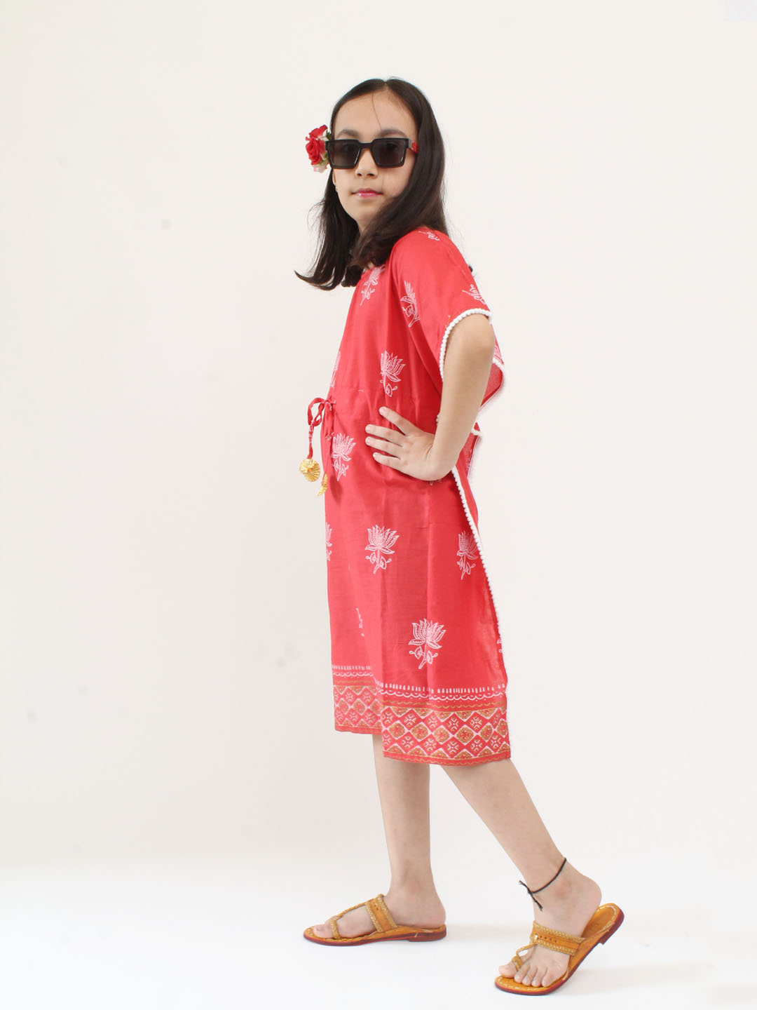 Qvink Half Sleeves Floral Printed Kaftan Dress- Coral