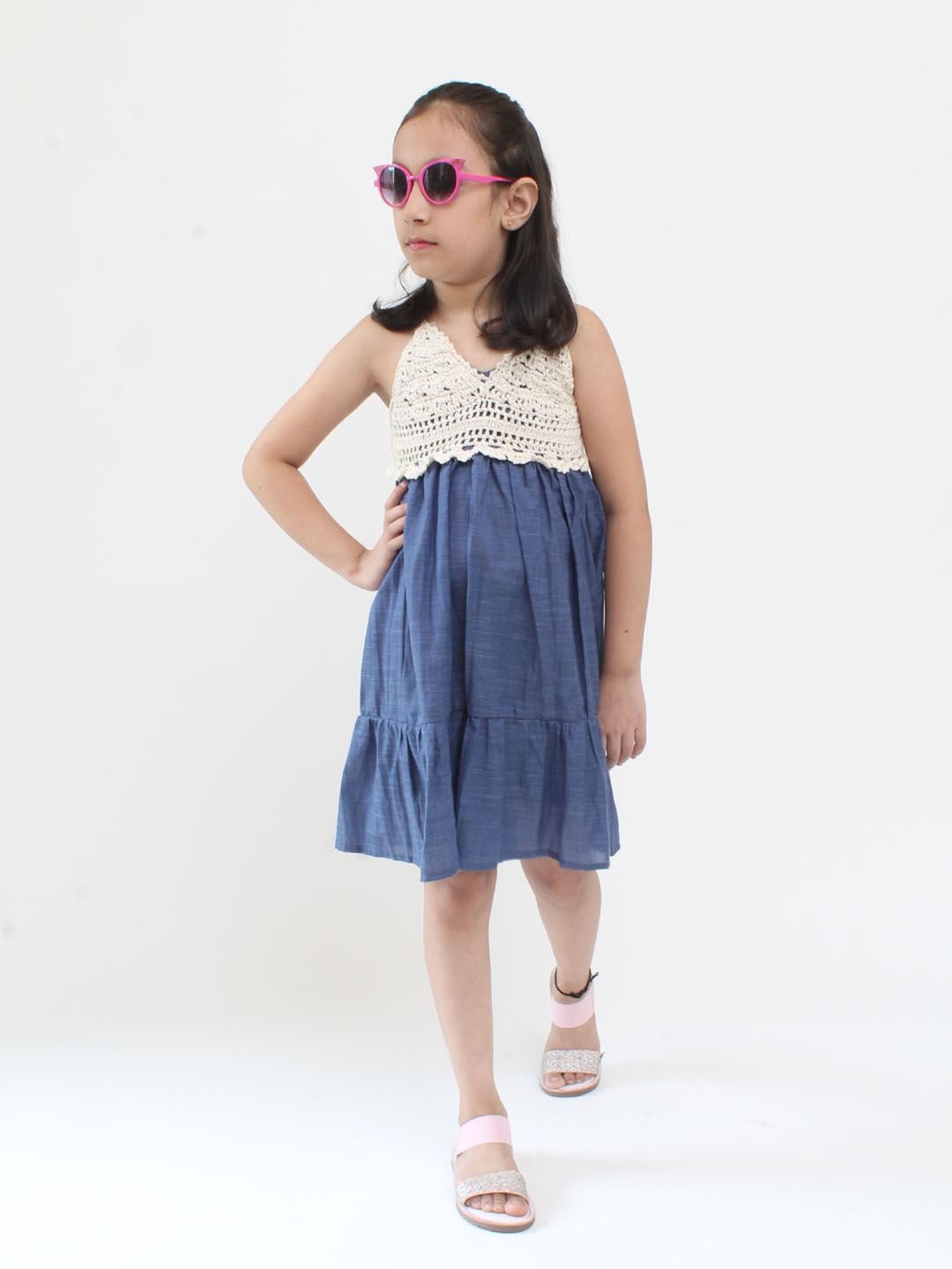 Qvink Sleeveless Crochet Cotton Dress- Blue