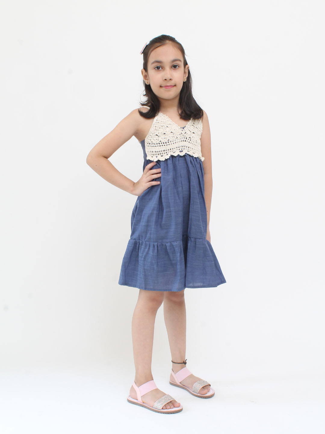 Qvink Sleeveless Crochet Cotton Dress- Blue