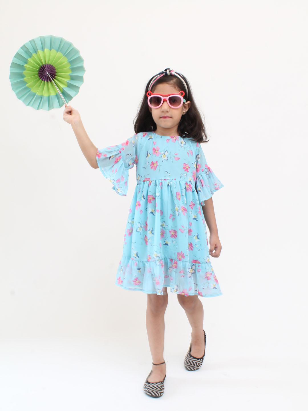 Qvink Three Fourth Frill Sleeves Floral Frock- Blue