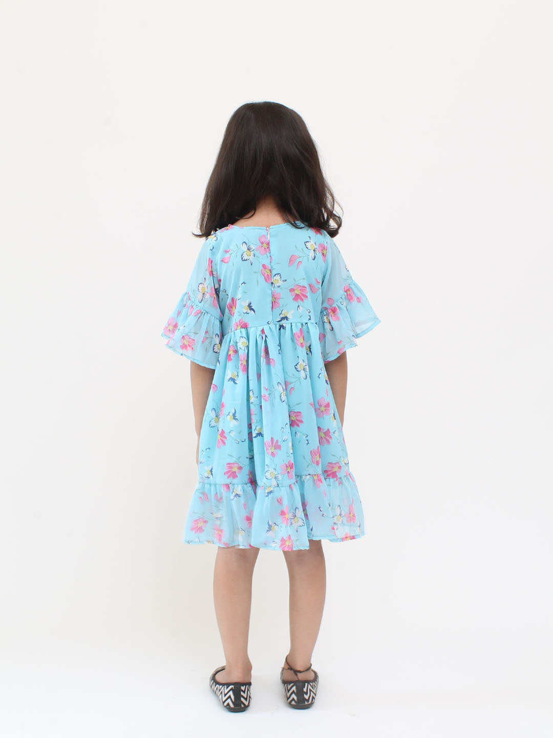 Qvink Three Fourth Frill Sleeves Floral Frock- Blue