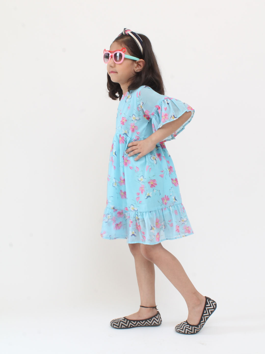 Qvink Three Fourth Frill Sleeves Floral Frock- Blue