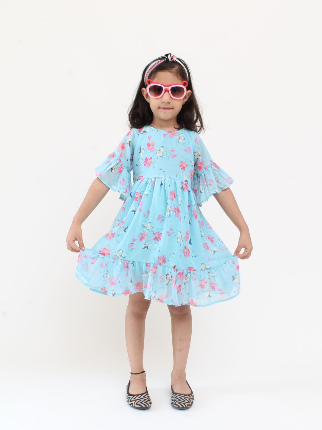 Qvink Three Fourth Frill Sleeves Floral Frock- Blue