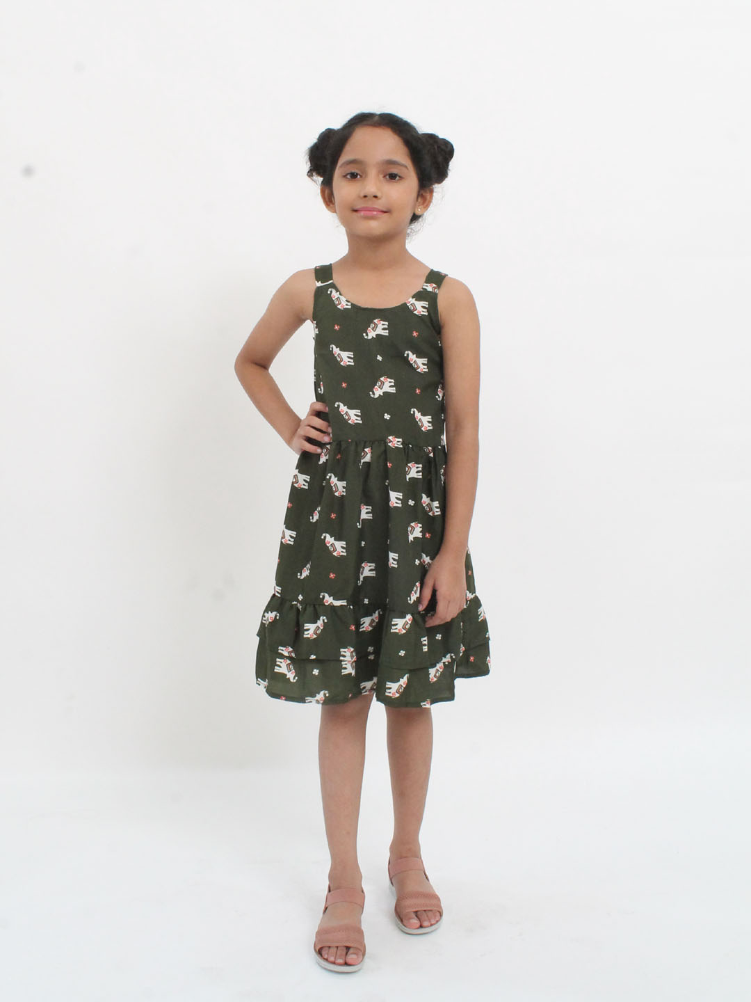 Qvink Sleeveless Strapy Elephant Printed Dress- Green
