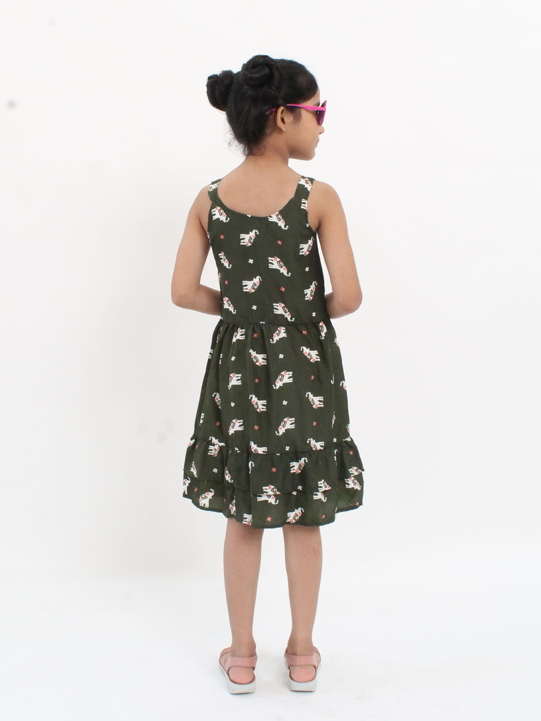 Qvink Sleeveless Strapy Elephant Printed Dress- Green