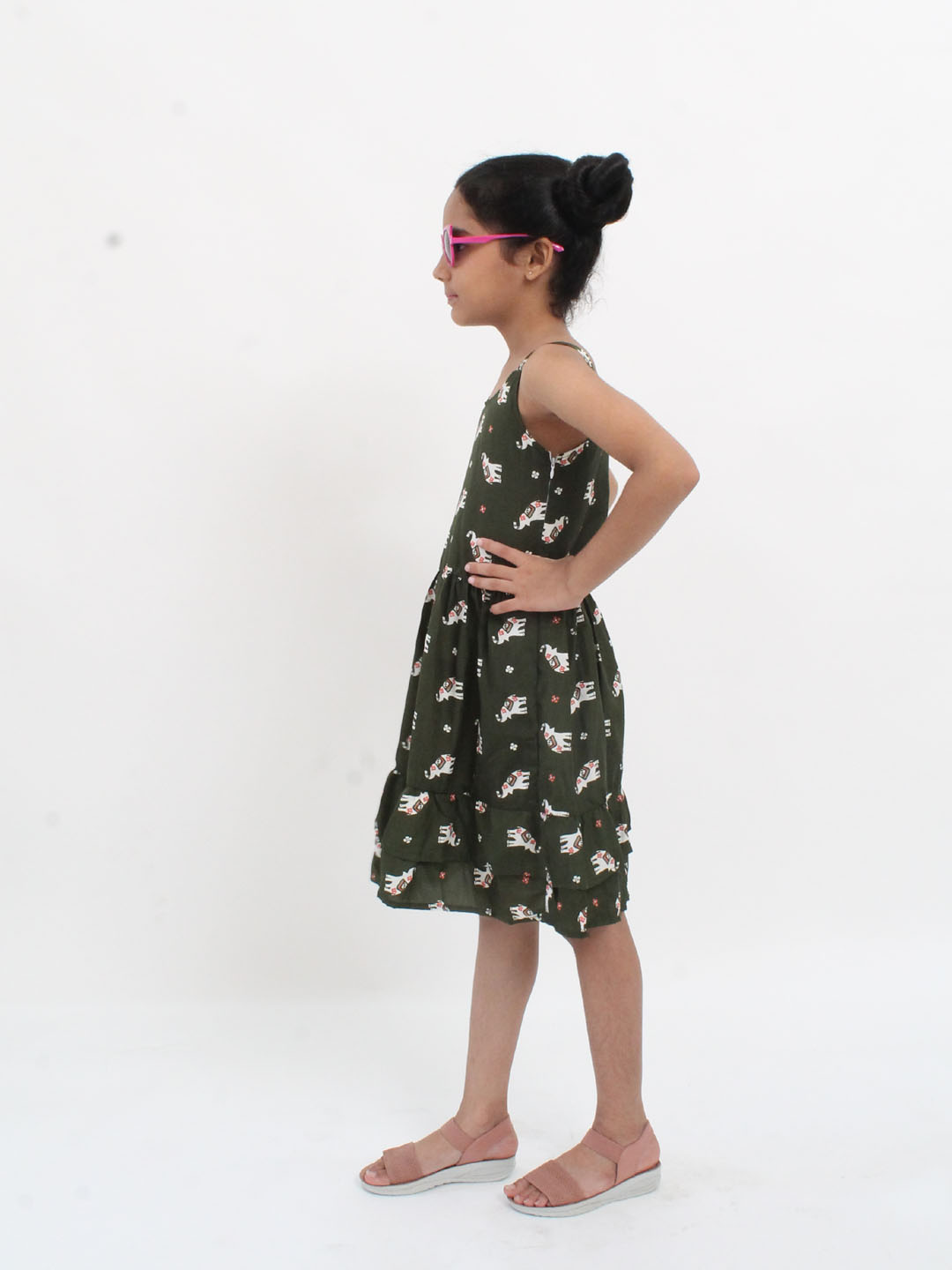 Qvink Sleeveless Strapy Elephant Printed Dress- Green