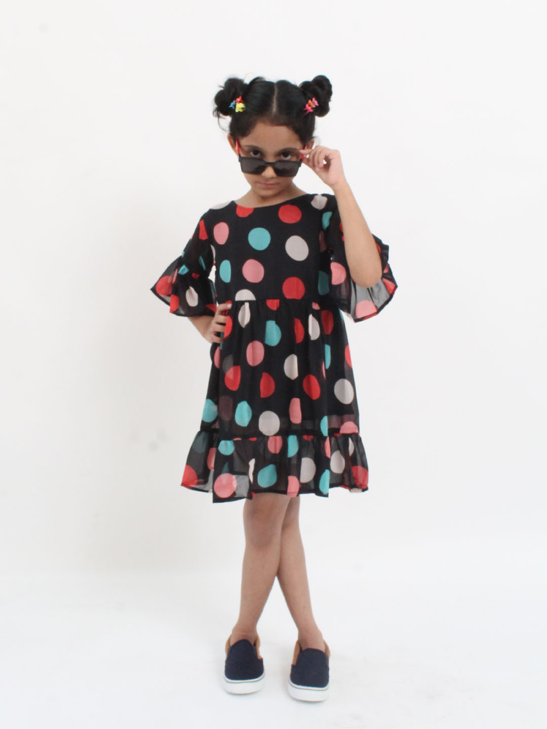 Qvink Frill Sleeves Polka Dot Frock - Black