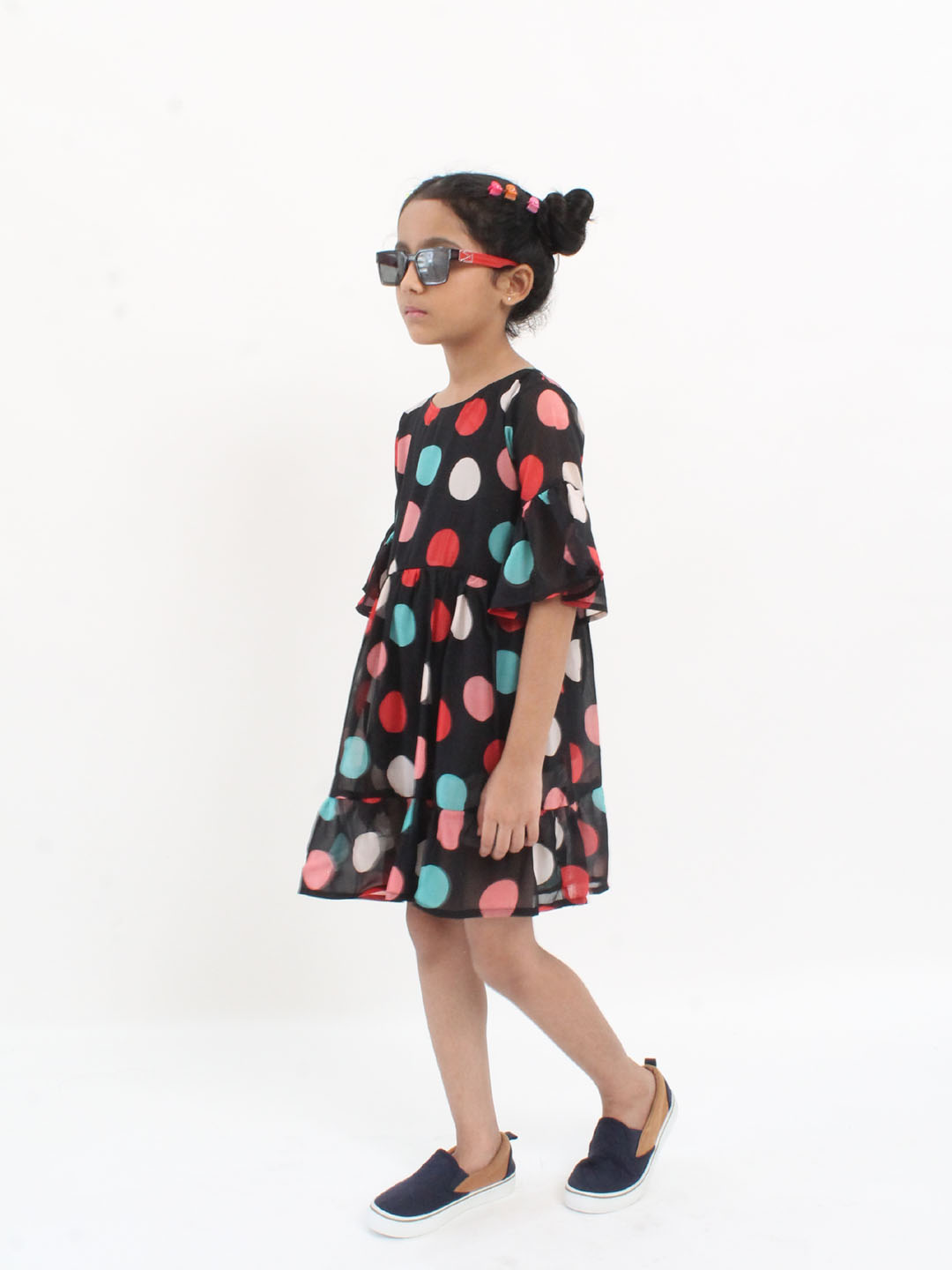Qvink Frill Sleeves Polka Dot Frock - Black