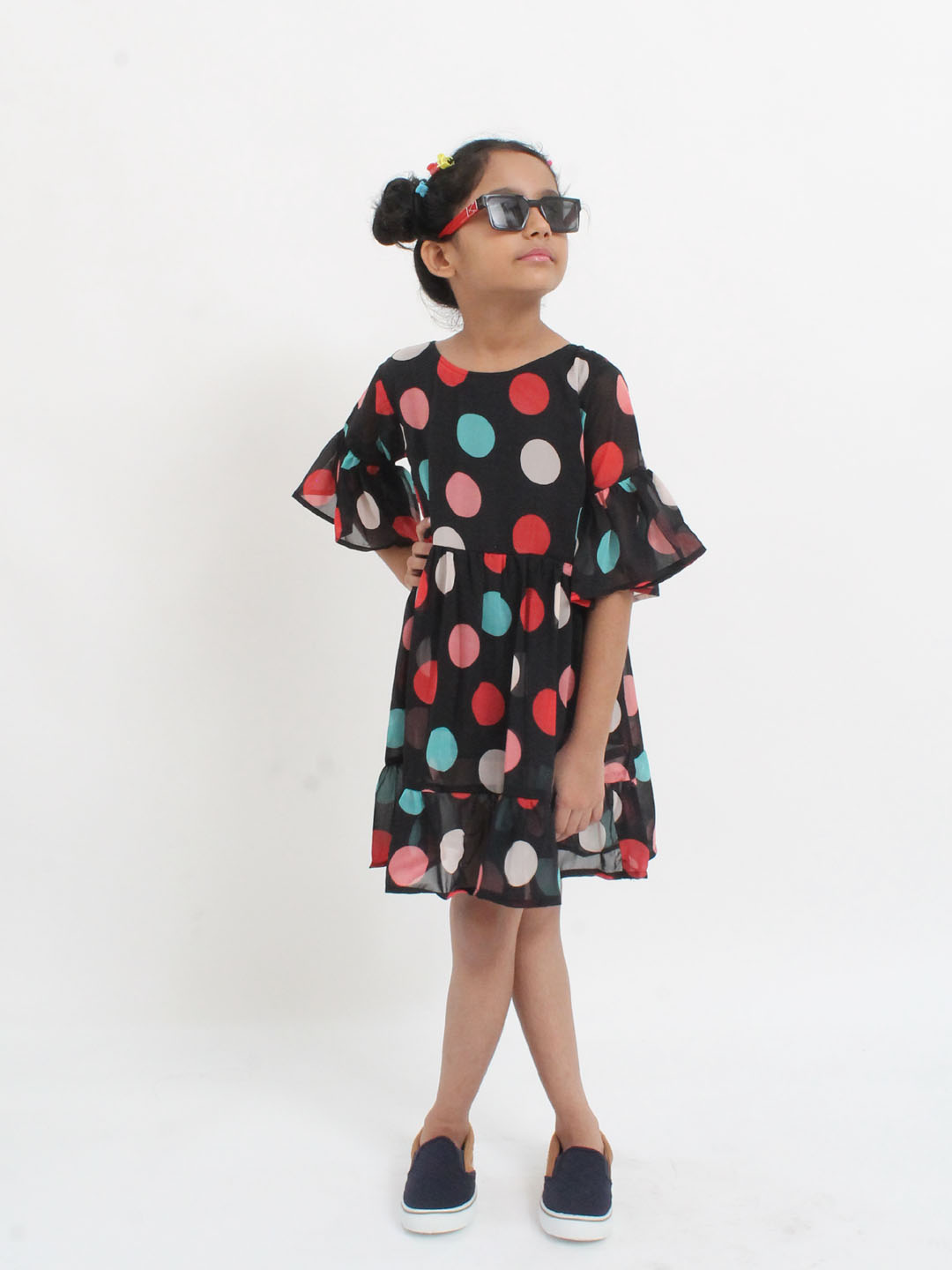 Qvink Frill Sleeves Polka Dot Frock - Black