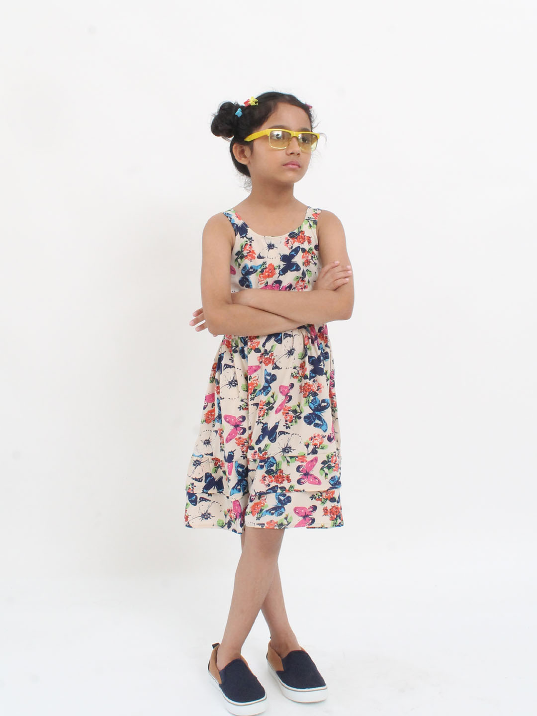 Qvink Sleeveless Strapy Butterfly Printed Frock- Cream
