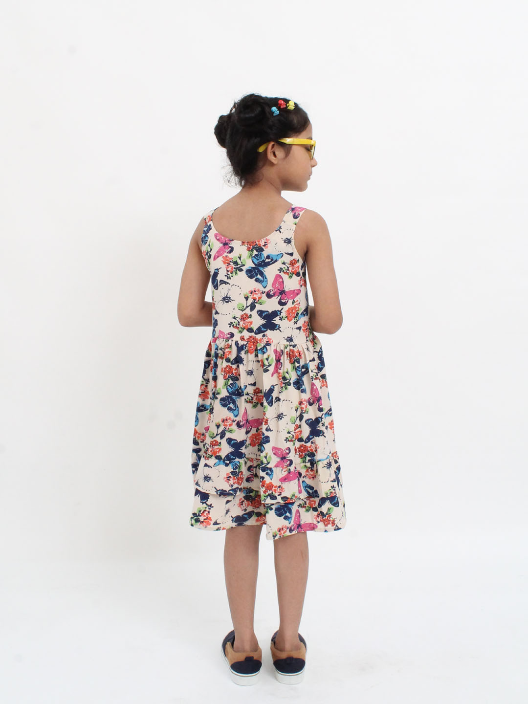 Qvink Sleeveless Strapy Butterfly Printed Frock- Cream