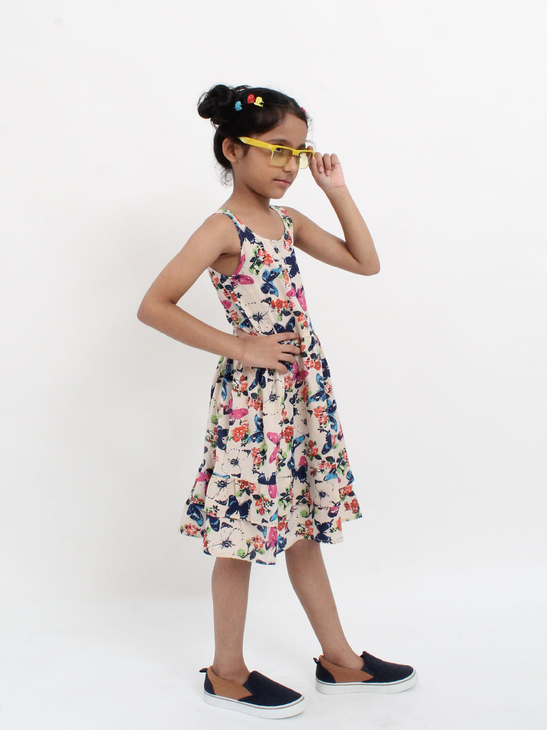 Qvink Sleeveless Strapy Butterfly Printed Frock- Cream