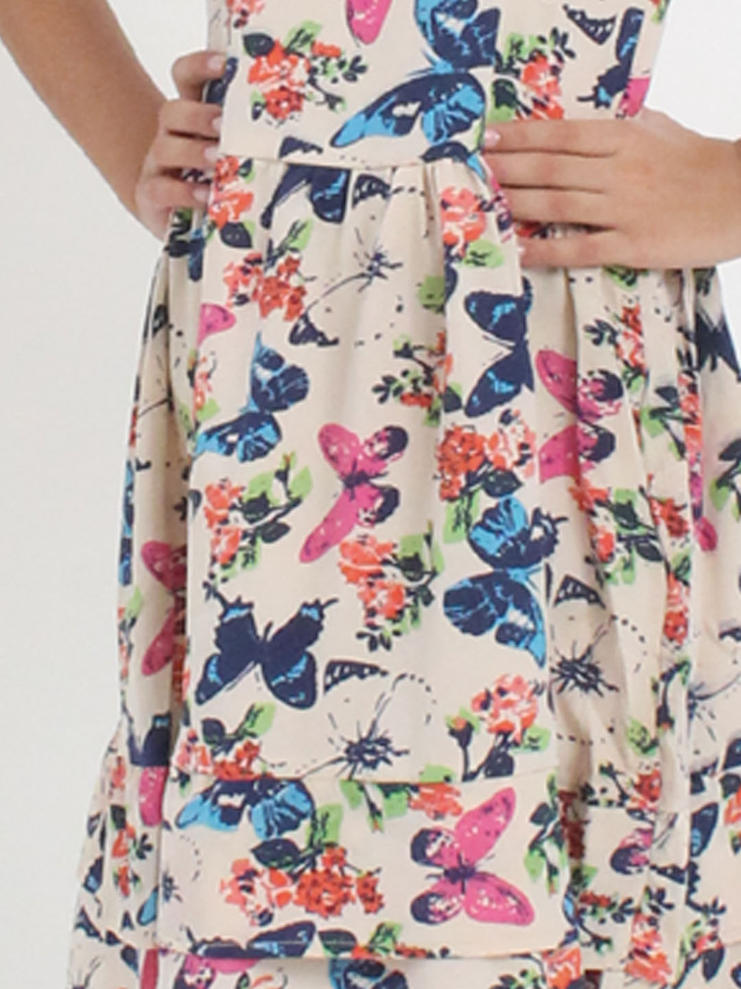 Qvink Sleeveless Strapy Butterfly Printed Frock- Cream