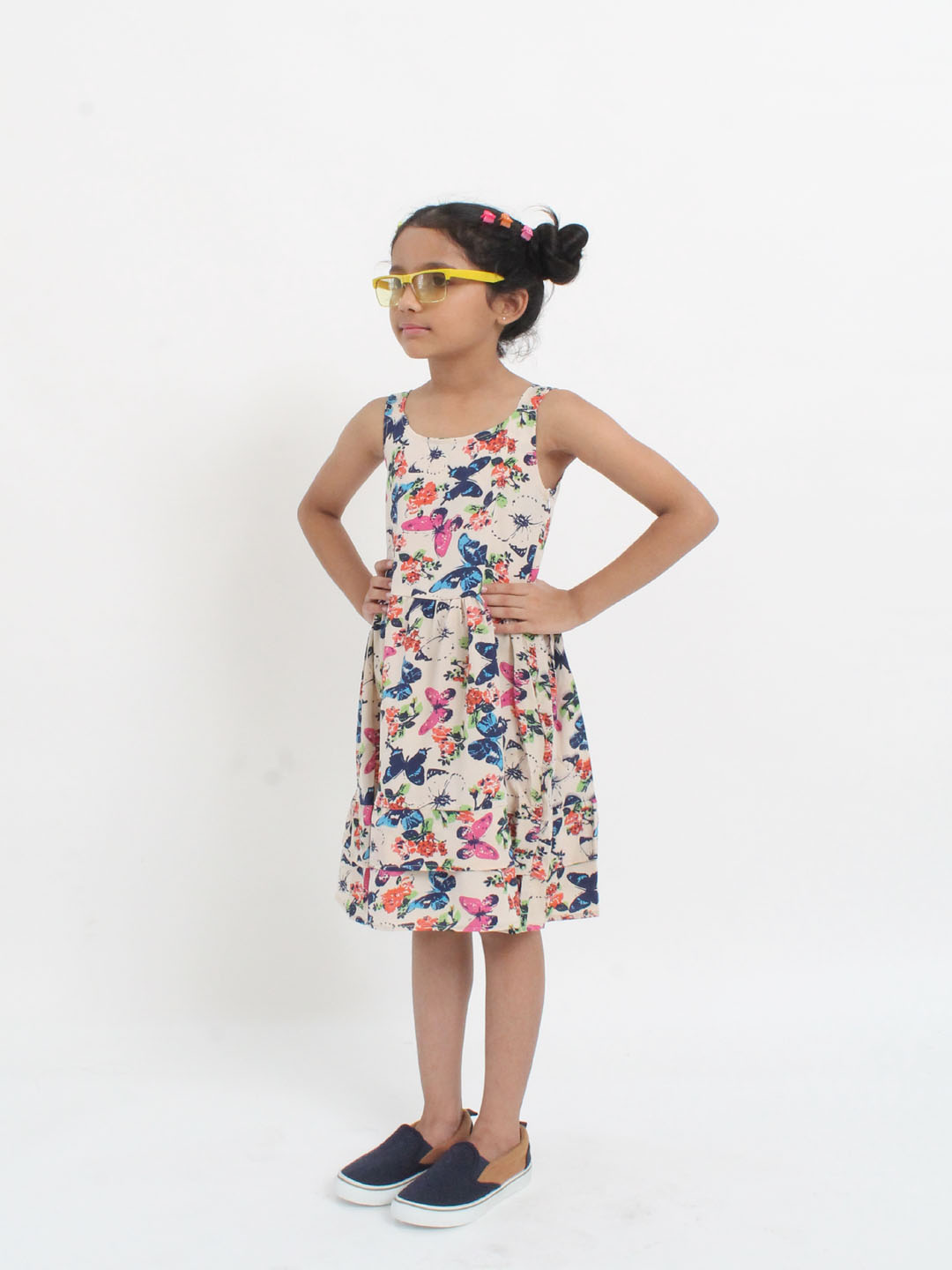 Qvink Sleeveless Strapy Butterfly Printed Frock- Cream