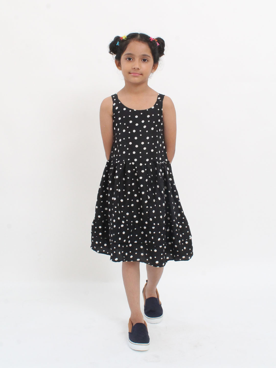 Qvink Strapy Sleeveless Polka Dot Printed Crepe Dress- Black